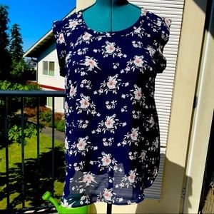 Navy Blue Floral Sleeveless XL Pleione Blouse